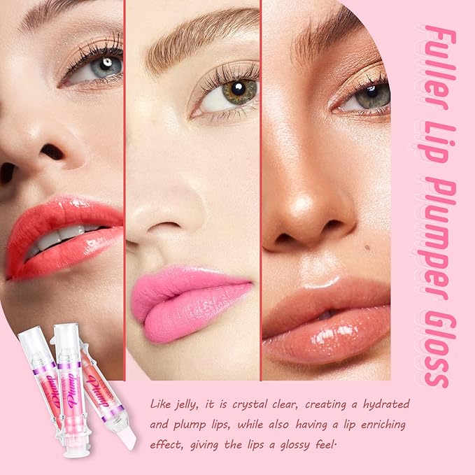 Lip Plumper Gloss 3 Colors Set,Natural Lip Plumping Oil and Lip Care Serum Enhancer for Fuller Booster Balm Moisturizing Hydrating&Reduce Fine Lines Nourishing Non-sticky Lips Mask Makeup-Velvo Beauty