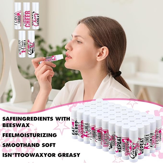 50 Sets Cheer Gifts Bulk 50 Cheer Lip Balm Bulk Moisturizing with 50 Organza Drawstring Gift Bags 50 tags Cheerleader Gifts Cheer Gifts Bulk for Team (Pink)-Velvo Beauty