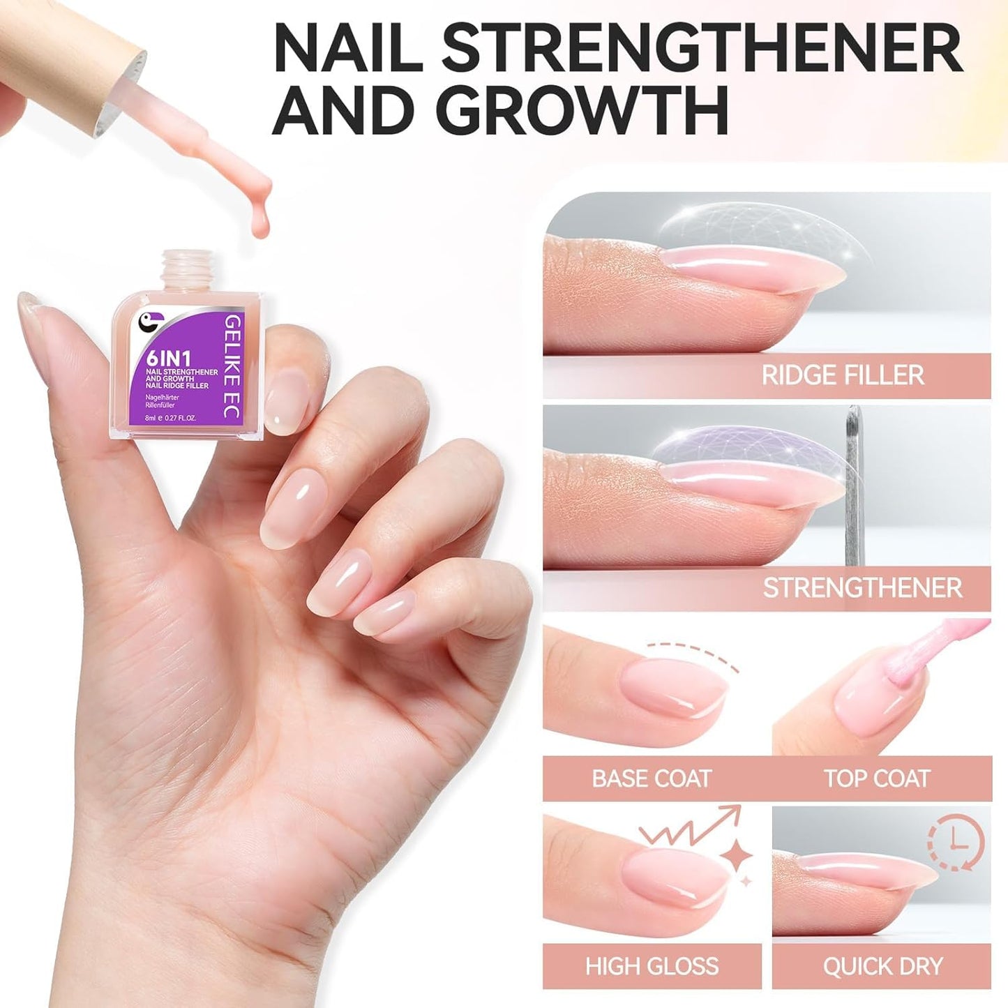 Nail Strengthener Protein for Damaged Nails: Pink 6 in 1 Natural Nail Hardener Extra Strong and Growth - Long Lasting Repair for Damaged Nails - Growth Oil for Salon Home Daily Work-Velvo Beauty