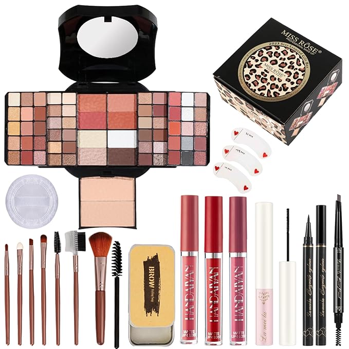 All in One Makeup Kit for Women, Includes 54 Color Eyeshadow Palette, Eyeliner, Mascara, Makeup Brushes, Liquid Lipstick, Eyebrow Soap (013-black)-Velvo Beauty