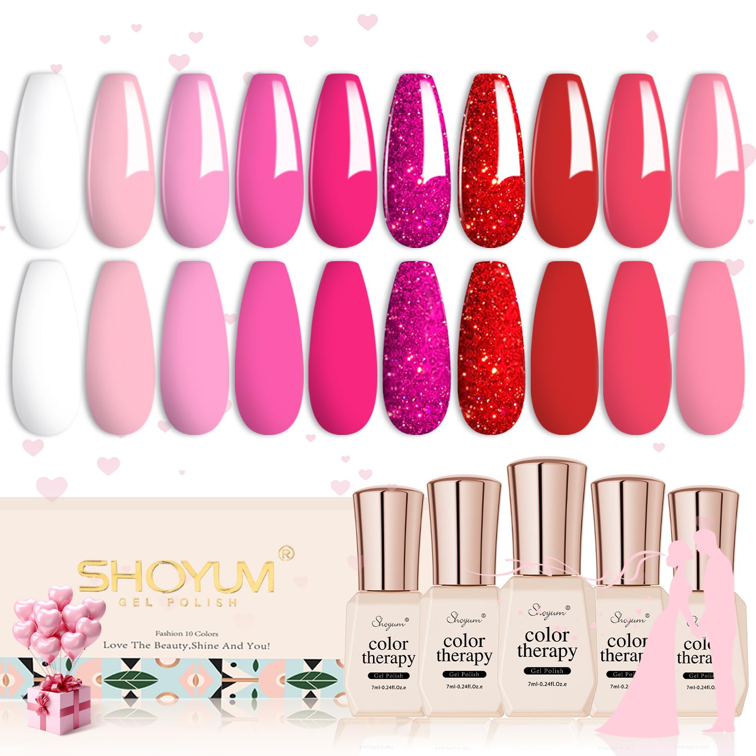 Pink Gel Nail Polish Set, Light/Hot Pink Cherry Blossom Strawberry All Seasons Soak Off Long Lasting Romantic 10 Colors Starter Kit DIY Home Gift for Girlfriend Woman Beginners-Velvo Beauty
