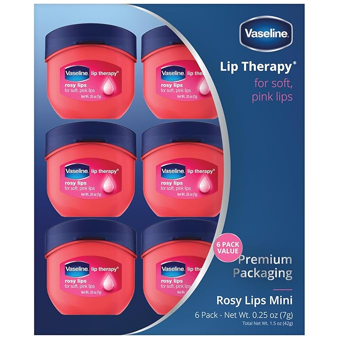 Vaseline Lip Therapy Rosy Lips Mini, Pure Petroleum Jelly, Advanced Moisture, Light Rose Fragrance, Sheer Pink Tint on Lips, Mini Vaseline Petroleum Jelly, Soft Vaseline Lips (Pack of 6-0.25 Oz Ea)-Velvo Beauty