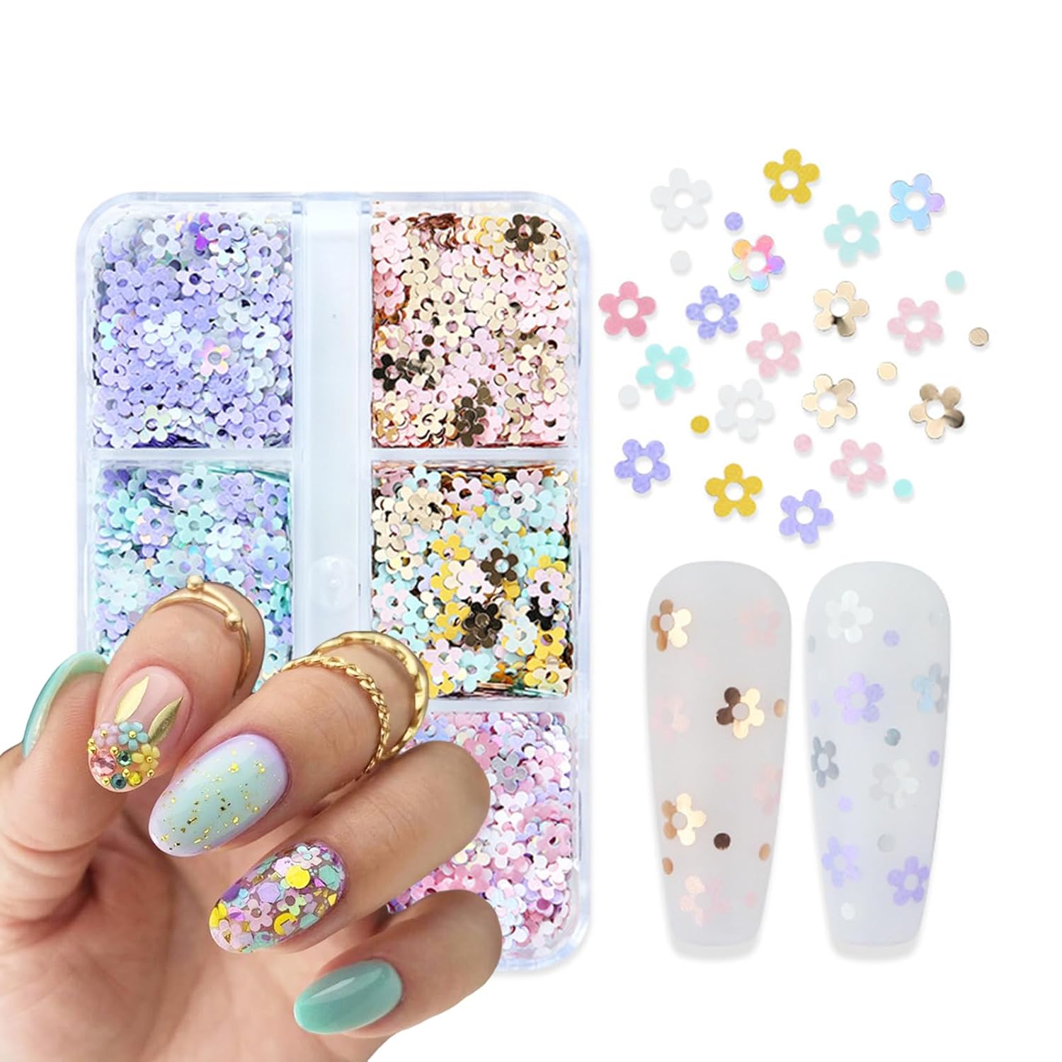 6 Grids Hollow Plum Flower Sequins for Nail，Mixed Colorful Floral Nail Flakes 3D Confetti Flowers Nail Glitter Shiny Flower Nail Flakes Acrylic Nails Supplies for Women Girls Manicure Decorations-Velvo Beauty