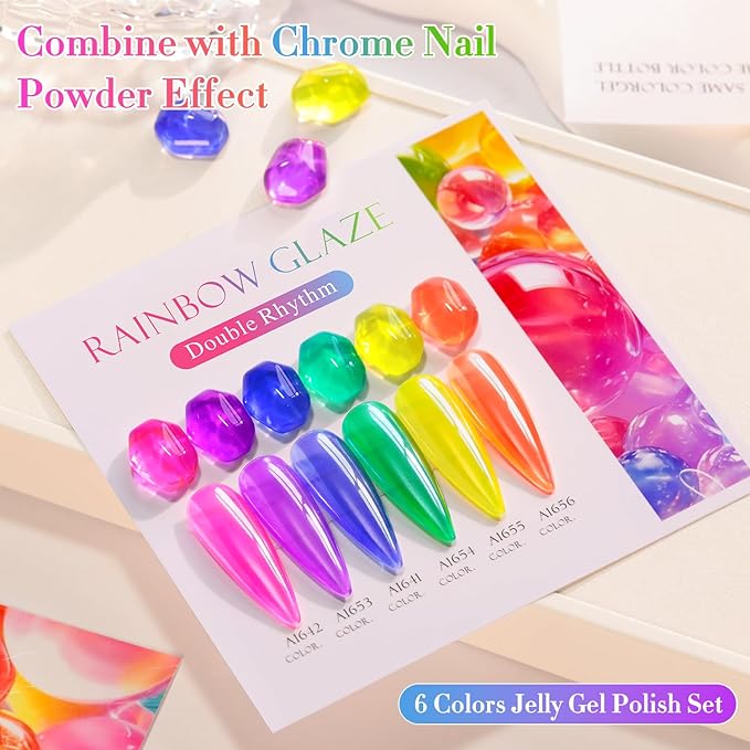 Double Rhythm 6 Pcs 15 ML Gel Polish Set Same Color Same Bottle Soak Off Jelly Neon Gel Polish Kit Nail Art Manicure Salon DIY at Home (Pink Purple Blue Green Yellow Green-T6-50)-Velvo Beauty