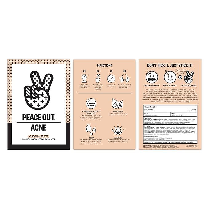 PEACE OUT Acne Healing Dots Helps Clear Blemishes Overnight, Fast Acting Hydrocolloid Pimple Patches for Breakouts with Salicylic Acid, Retinol and Aloe Vera, Award Winning Skincare Solution 40 Count-Velvo Beauty