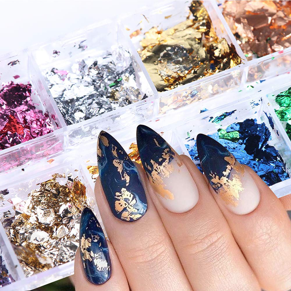 AUOCATTAIL 24 Grids Foil Nail Art Holographic Aluminum Nail Foil Flakes Stickers Nail Sequins 3D Glitter Decoration DIY Design Accessories Rainbow Nail Art Supplies Gold Nail Decals-Velvo Beauty