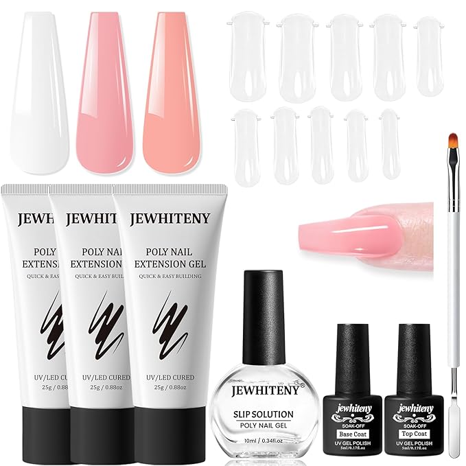 JEWHITENY Poly Nail Gel Set Clear Pink White Neutral Classic Color Poly Extension Gel With Base and Top Coat Slip Solution French Manicure for Home DIY Need U V Lamp Curing-Velvo Beauty
