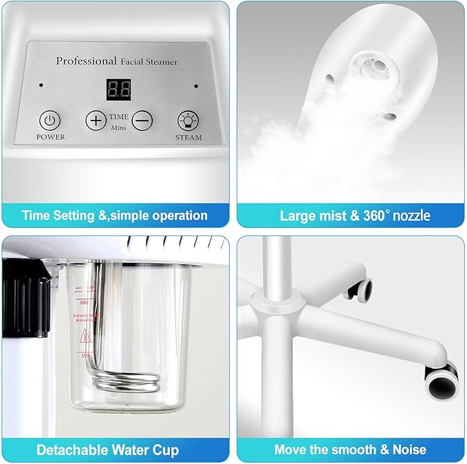 Professional Facial Steamer, Face Steamer on Wheels, SPA Ozone Steamer, Standing Face Steamer for Spa, Salon and at Home Use-Velvo Beauty