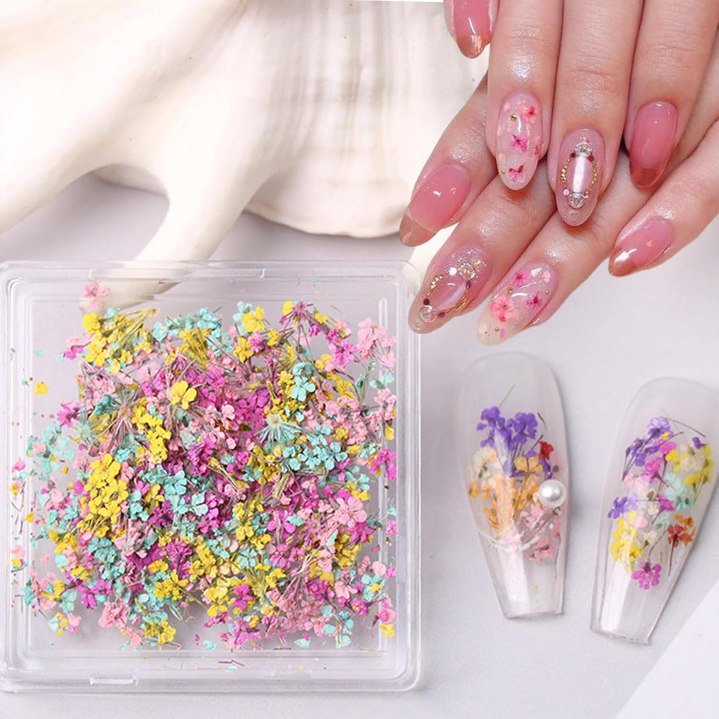 1 Box of Dried Flower Nail Stickers, Colored Dried Flower Nail Stickers, mini Real Flowers, Natural Flowers, 3D Baby's Breath Floral Art, Ladies and Girls DIY Nail Art Decoration-Velvo Beauty