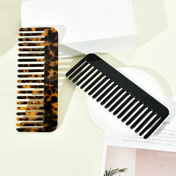 Fsmiling Wide Tooth Comb Large Detangling Comb Cellulose Detangler Comb for Thick Curly Wavy Wet Dry Hair 2 Pack,Black/Tortoise-Velvo Beauty
