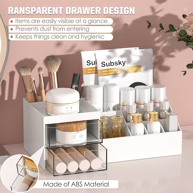 Subsky Makeup Organizer with Drawers, Easy Storage for Beauty Products Brushes, Multifunction Plastic Desk Organizer, Cosmetics Organizer for Countertop Dresser Vanity and Bathroom (White)-Velvo Beauty