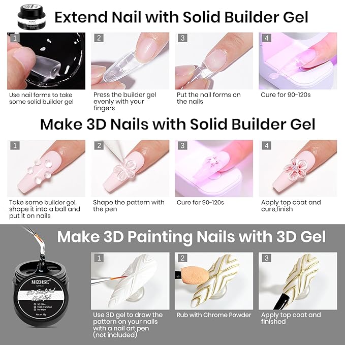 MIZHSE 30g/1oz Solid Builder Gel for Nails and 15g 3D Painting Gel, Clear Hard Gels for Nails Sculpting Nails Art Soak Off U V LED Builder Salon Home DIY Manicure-Velvo Beauty