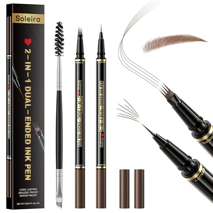 Eyebrow Pen, Soleira Waterproof Eyebrow Pencil with 4 Tip Microblading Eyebrow Pen and Dual-ended Eyebrow Brush, for Natural-Looking Brows, Long-Lasting, Soft Brown-Velvo Beauty