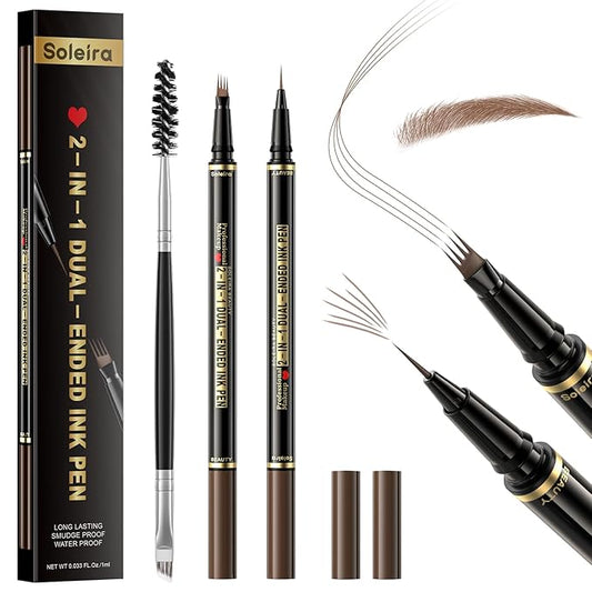 Eyebrow Pen, Soleira Waterproof Eyebrow Pencil with 4 Tip Microblading Eyebrow Pen and Dual-ended Eyebrow Brush, for Natural-Looking Brows, Long-Lasting, Soft Brown-Velvo Beauty