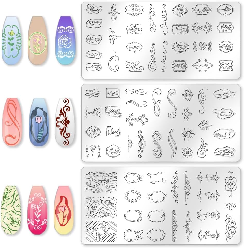 3Pcs Tulip Nail Stamping Plate Set Floral Irregular Geometric Frames Steel Nail Stamp Templates Clear Silicone Nails Stamping with Stamper Scraper for Manicure Printing-Velvo Beauty