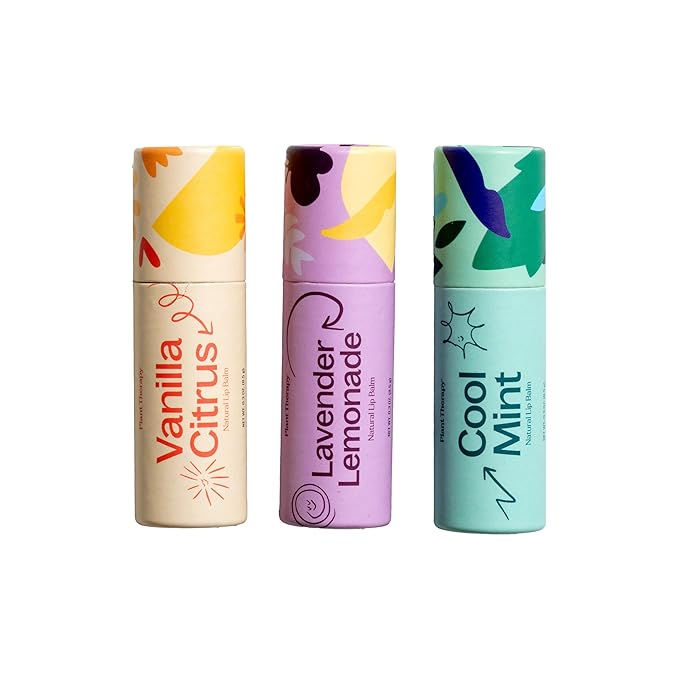 Plant Therapy Love Your Lips Lip Balm Trio Set 0.9 oz (25.5 g) Simple, Natural Ingredients & Packaged in Eco-Friendly Recyclable Cardboard, Refreshing Flavors Including: Lavender Lemonade, Vanilla Citrus, Cool Mint-Velvo Beauty