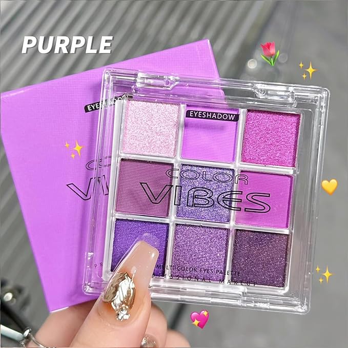 Erinde 9 Colors Purple Pink Lavender Glitter Shimmer Matte Eye Shadow Palette Makeup, Highly Pigmented Waterproof Violet Mauve Dark Purple Silver Pearl White Shimmer Sparkling Party Eyeshadow Palette-Velvo Beauty