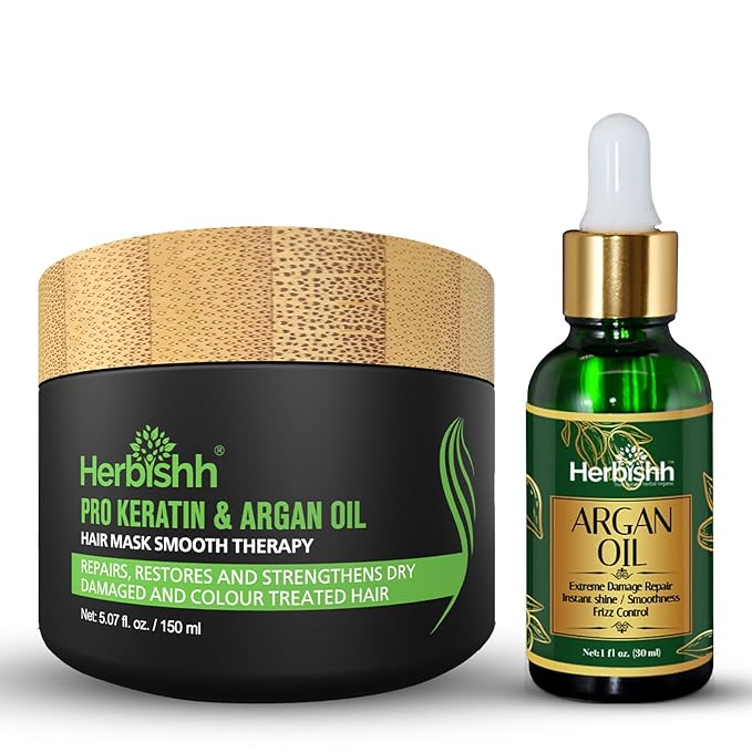 Herbishh Argan Oil & Hair Mask Combo For Deep Conditioning Treatment – Argan Oil for Hair Repair & Frizz Control (30ml) & Argan Hair Mask for Hydration (150ml), Sulfate & Paraben Free-Velvo Beauty