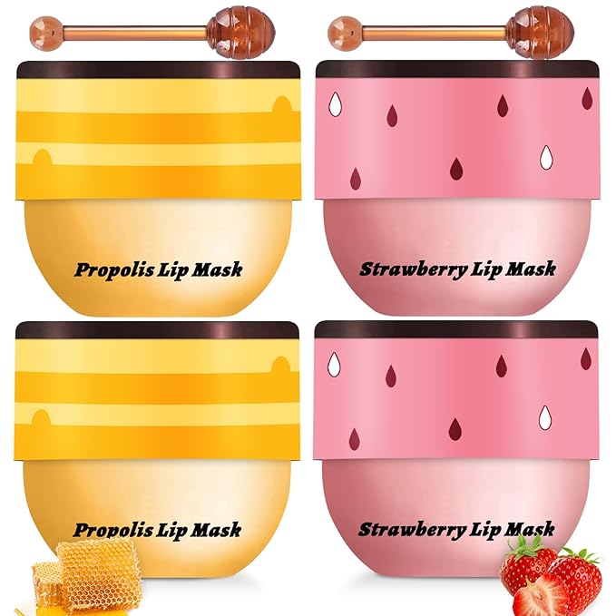 4 PCS Lip Mask Overnight, Honey&Strawberry Moisturizing Repair Sleeping Lip Balm, Fade Lip Lines Bee lip Balm, Hydrating &Prevention Dry and Crack Lip Scrubs Exfoliator (2 Honey & 2 Strawberry)-Velvo Beauty