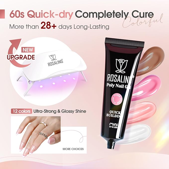ROSALIND 12PCS Pink Brown Poly Nail Gel Kit with Mini Nail Lamp White Glitter Pink Poly Extension Gel Set-Velvo Beauty