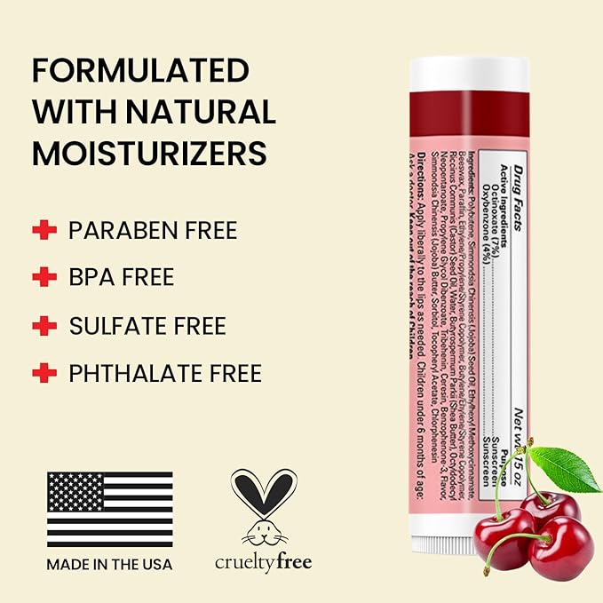 Original Udder Stick SPF Lip Balm, Soothing Moisturizer Sun Screen Balm for Dry Lips with Jojoba, Beeswax & Shea Butter, Total Lip Care, Hydration & Repair, Cherry Flavor, 4 Pack-Velvo Beauty