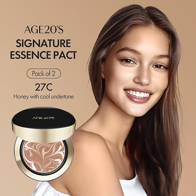 AGE20'S Signature Essence Pact SPF 50+ | Pack of 2 | 27C HONEY | Cream Foundation, Dewy Finish, Natural Coverage | Korean Cushion Foundation-Velvo Beauty