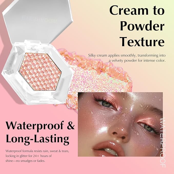 Rose Gold Glitter Eyeshadow Palette, Multichrome Chameleon Cream to Powder Eye Shadow, Color Shifting Holographic Eyeshadow Shimmer Inner Corner Eye Brightener Highlighter Makeup-Velvo Beauty