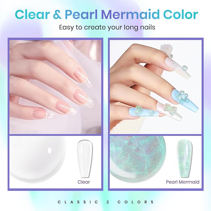 MIZHSE Solid Builder Gel for Nails – 2PCS 1oz Mermaid Pearl & Clear Hard Gel Kit with Nail Forms 3D Mold Soak-off U V 3D for Nails Extension for Salon Manicure Home DIY-Velvo Beauty