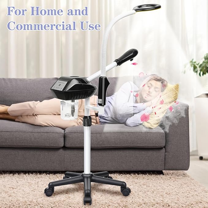 Professional Facial Steamer, 2 in 1 Face Steamer on Wheels, with 5X Magnifying Lamp, Facial Steamer with Time Setting, Stand Face Steamer Adjustable Height for Spa, Salon and at Home use-Velvo Beauty