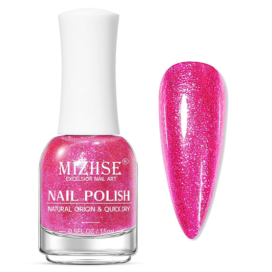 MIZHSE Quick Dry Glitter Rose Red Nail Polish, Shimmery Nail Polish Fast Drying, 15ml High Glossy Sparkly Shiny Nail Lacquer Nail Art Salon Manicure Home-Velvo Beauty