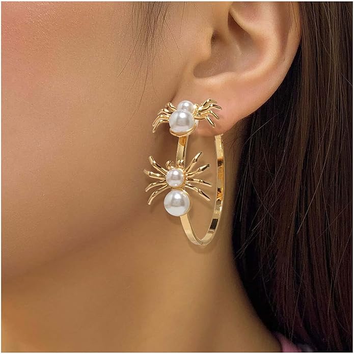 Vintage Hollow Circle Drop Earrings Pearl Spider Dangle Earrings Gold Spider Circle Earrings Exaggerated Circle Huggie Hoop Earrings Jewelry for Women-Velvo Beauty