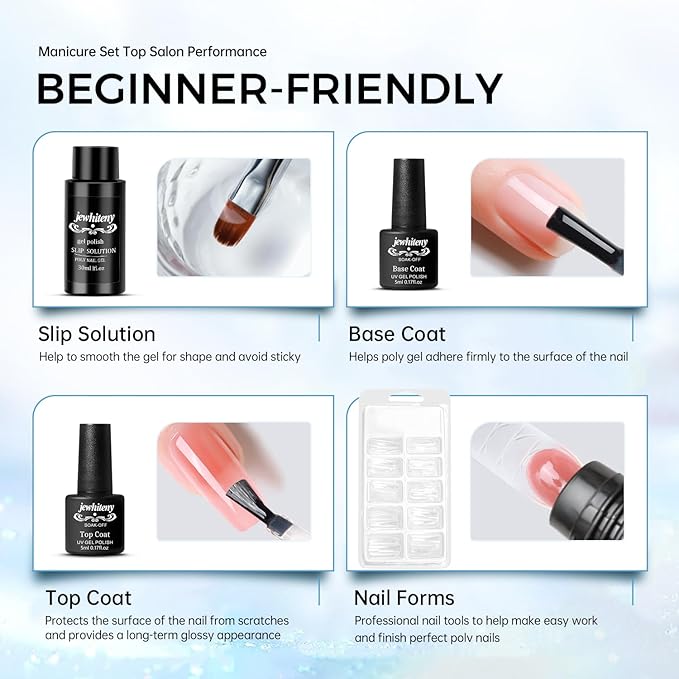 JEWHITENY Poly Nail Gel Kit 14 Colors Purple Nude Grey Black Blue Glitter Tones Starter Kit with UV Lamp Matte & Glossy Top & Base Coat All-in-One Designs DIY At Home-Velvo Beauty