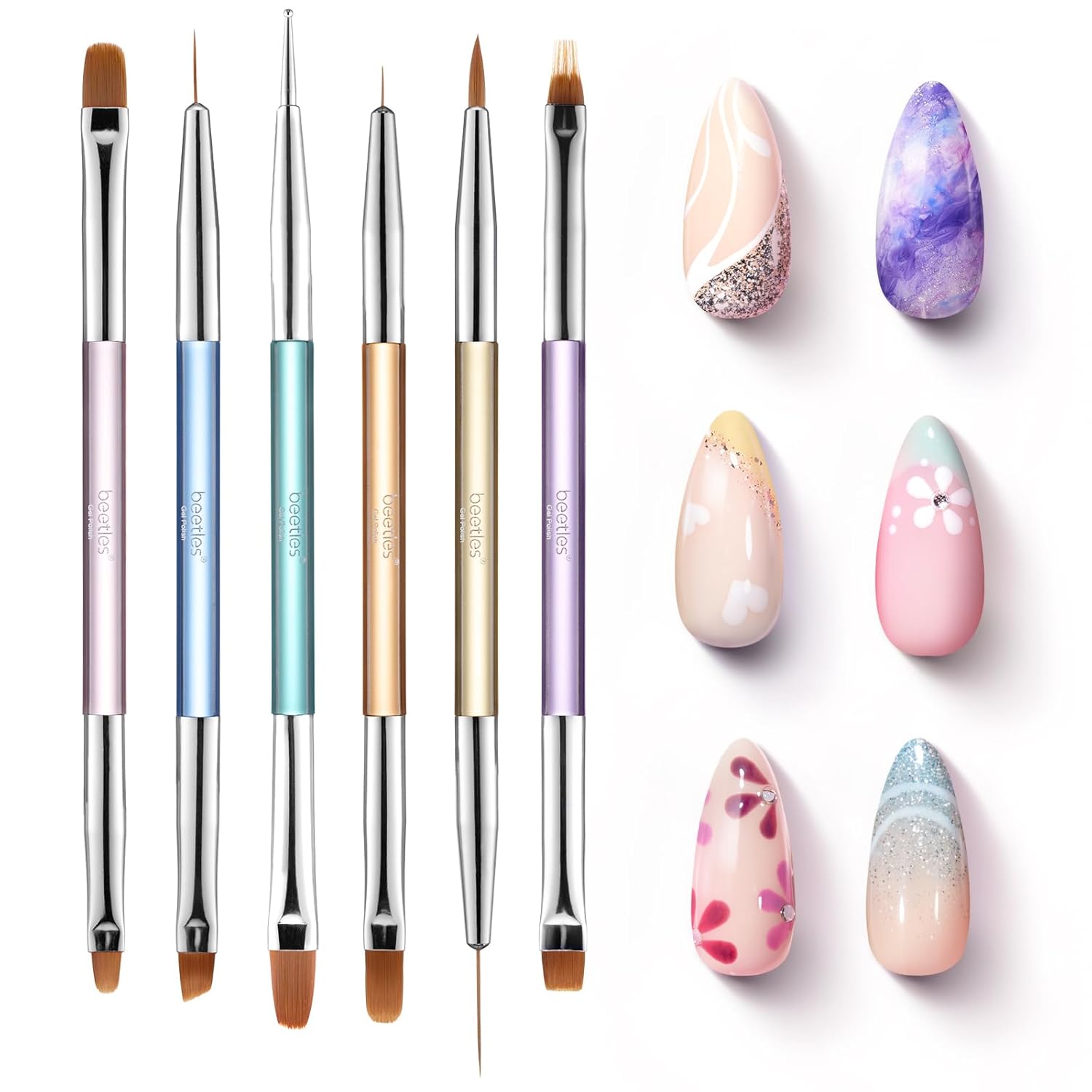 Beetles Gel Nail Art Brushes, 6 Pcs Double-Ended Fingernail Art Design Pens Gel Paint Liner Ombre Gradient French Tip Brush Dotting Pen Nail Brush Set, DIY Manicure Tools Gift for Women-Velvo Beauty