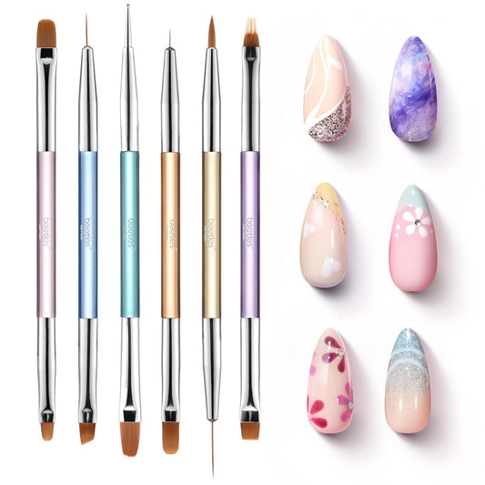 Beetles Gel Nail Art Brushes, 6 Pcs Double-Ended Fingernail Art Design Pens Gel Paint Liner Ombre Gradient French Tip Brush Dotting Pen Nail Brush Set, DIY Manicure Tools Gift for Women-Velvo Beauty