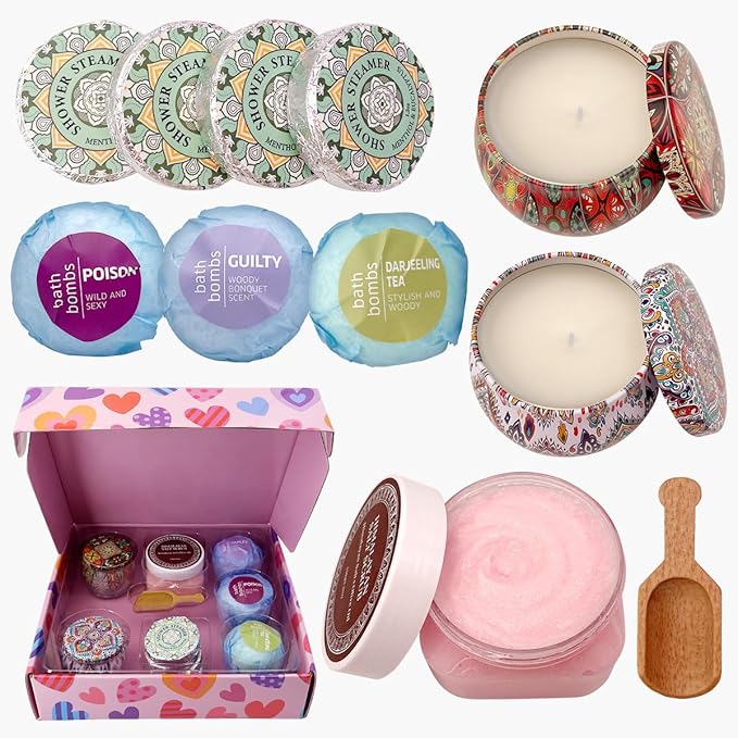Birthday Gifts For Women-Assorted 4 Shower Steamers, 3 Bath Bombs, 2 Scented Candles, and 1 Exfoliating Body Scrub - Gifts for Mom, For Women, For Wife and Girlfriend……-Velvo Beauty