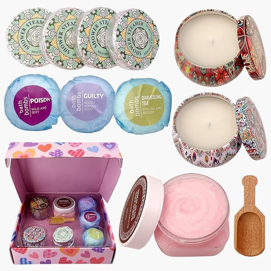 Birthday Gifts For Women-Assorted 4 Shower Steamers, 3 Bath Bombs, 2 Scented Candles, and 1 Exfoliating Body Scrub - Gifts for Mom, For Women, For Wife and Girlfriend……-Velvo Beauty