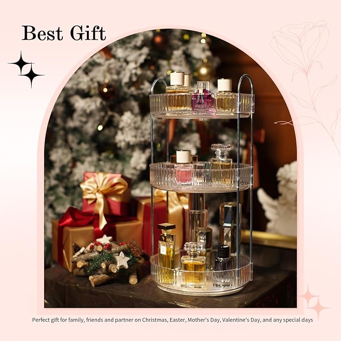 360° Rotating Makeup Organizer for Vanity, Spinning Cosmetics Organizer Holder Rack, Large Capacity Bathroom Organizer Countertop, Fits Perfume, SkinCare, Makeup Brushes 3 Tiers, Transparent-Velvo Beauty