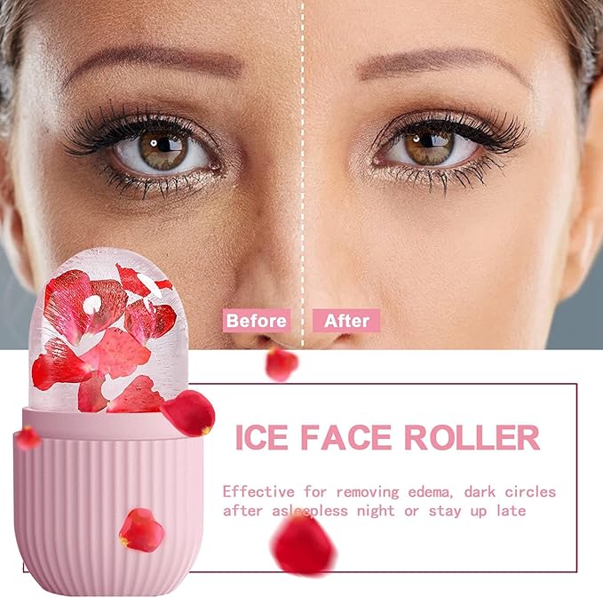 XHJRI Ice Face Roller Massager,Ice Cube Roller for Face, Eyes and Neck Naturally Conditioning and Skin Care,De-Puff Eye Bags,Reduce Migraine Pain,Reusable Massage Silicone Ice Mold (Pink White)-Velvo Beauty