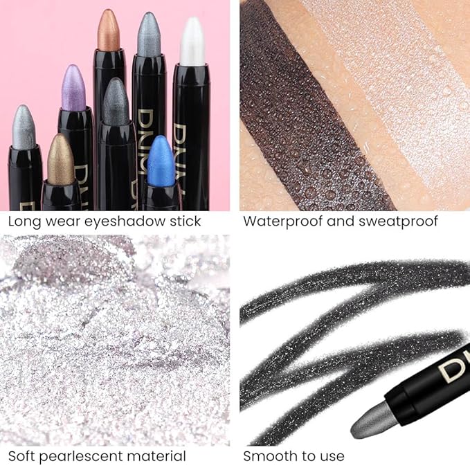 Kaely 4Pcs Metallic Shimmer Eye Shadow Sticks Set, Pearl White Pearl Black Vioiet Purple Royal Blue, Eyeliner Pencil Eyeshadow Palette Halloween Makeup, Eye Highlighter Brightener Stick for Women-Velvo Beauty
