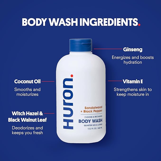 Huron Shower Kit - Shampoo, Conditioner, & Body Wash For Men - Sandalwood + Black Pepper Scent - Hydrating & Nourishing Men's Shampoo & Conditioner-Velvo Beauty