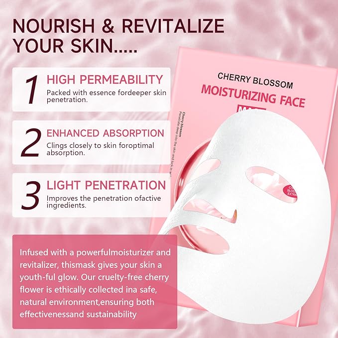 5 Pack Sheets Face Masks Skincare For All Skin Types, Cherry Facial Sheet Masks, Hydrating Facial Sheets Mask for Firming, Sheet Mask with Cherry Blossom Face Mask for Glowing Skin-Velvo Beauty