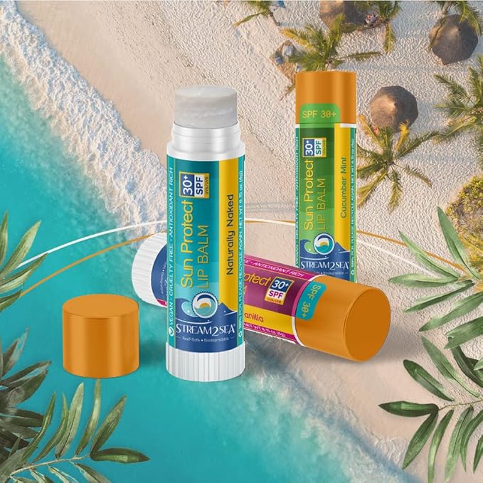 STREAM 2 SEA SPF 30 Organic Lip Balm Set, Reef Safe Cherry Vanilla, Naturally Naked and Cucumber Mint, Moisturizing + Sun Protect Outdoor Lip Balm For Beach and Sports, Paraben Free Lip Moisturizer-Velvo Beauty