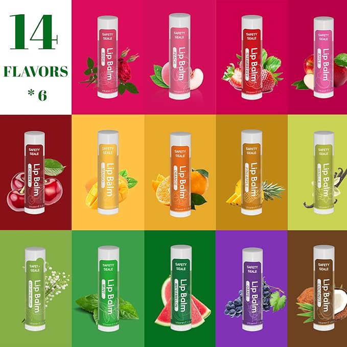 84 Pack Natural Lip Balm Bulk with Vitamin E and Coconut Oil - Moisturizing, Soothing, and Repairing Dry and Chapped Lips - 14 Flavors - Non-GMO-Velvo Beauty