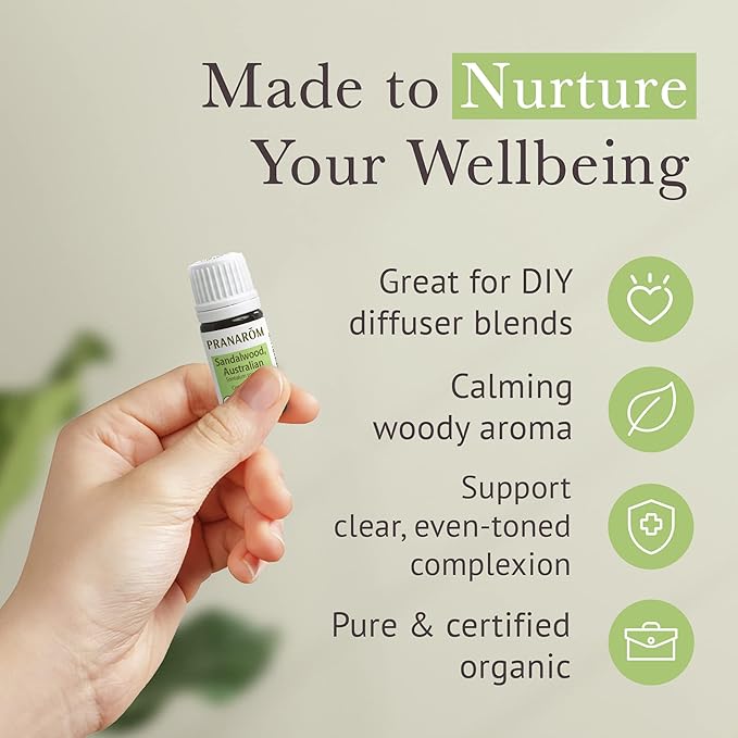 Pranarom USDA Certified Organic Australian Sandalwood Essential Oil (5ml), 100% Pure Natural Therapeutic Grade for Home Diffusing, Aromatherapy, Skincare, Candle Making, DIY Perfumes-Velvo Beauty