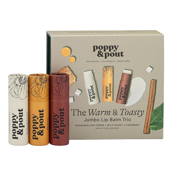 Jumbo Lip Balm Gift Set (3-Pack, Warm Flavors) | Poppy & Pout All Natural Lip Balms & Moisturizers | Hydrates with Beeswax, Vitamin E, Organic Coconut Oil | Cruelty-Free | Recyclable Cardboard Tube-Velvo Beauty