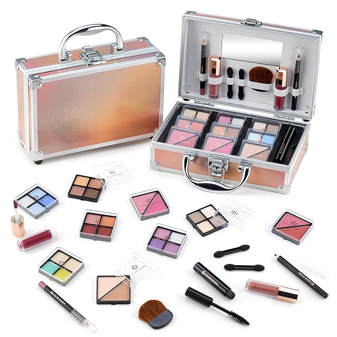 Color Nymph Beginner Makeup Kits For Teens With Train Case Included Full Makeup Kit Eyeshadow Palette Blushes Bronzer Highlighter Lipstick Brushes Mirror（Gold）-Velvo Beauty