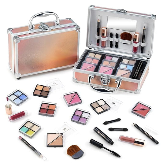 Color Nymph Beginner Makeup Kits For Teens With Train Case Included Full Makeup Kit Eyeshadow Palette Blushes Bronzer Highlighter Lipstick Brushes Mirror（Gold）-Velvo Beauty