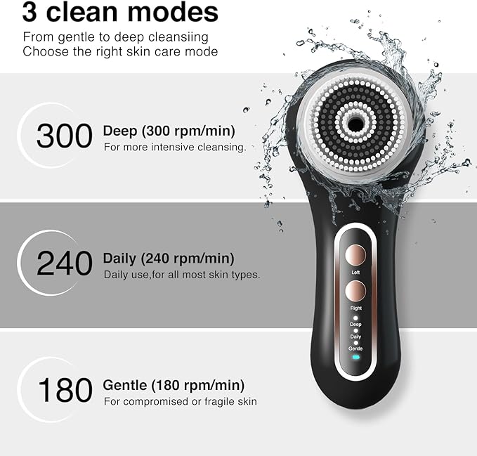 Face Scrubber Exfoliator,Facial Cleansing Brush Rechargeable IPX7 Waterproof with 5 Brush Heads,Electric Face Spin Brush for Exfoliating, Massaging and Deep Cleansing (Black Color)-Velvo Beauty
