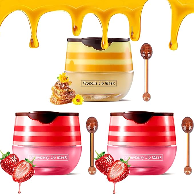 Bee Lip Balm Honey Pot,Strawberry & Honey Moisturizing Propolis Lip Mask,Hydrating Prevention Dry and Cracked Lip Scrubs Exfoliator,Lip Sleep Mask Reduces Lip Lines Lip Skin Care Products-Velvo Beauty