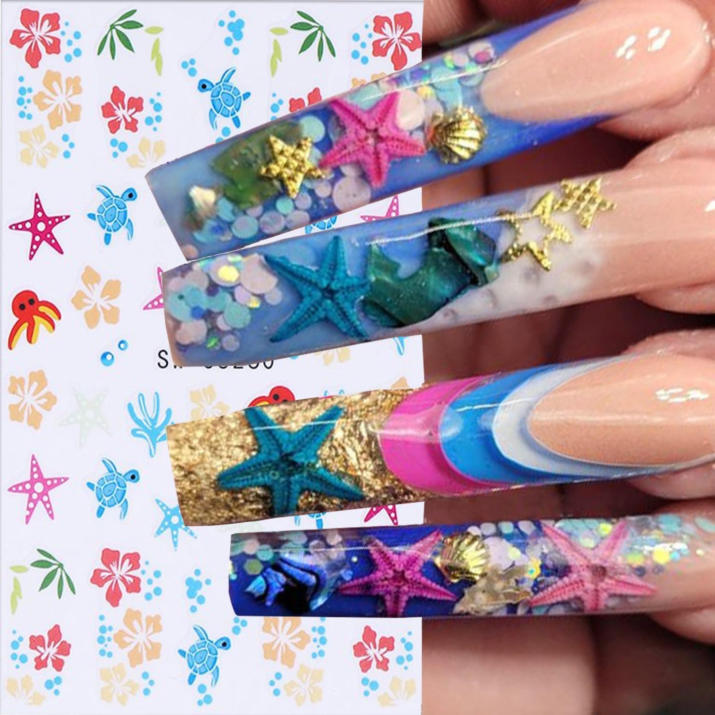 6 Sheets Ocean Style Nail Art Stickers 3D Self -Adhesive Starfish Sea Turtles Nail Decals Holographic Flower Bow Nail Stickers Summer Floral Seahorse Nail Decoration for Women Manicure Supplies-Velvo Beauty